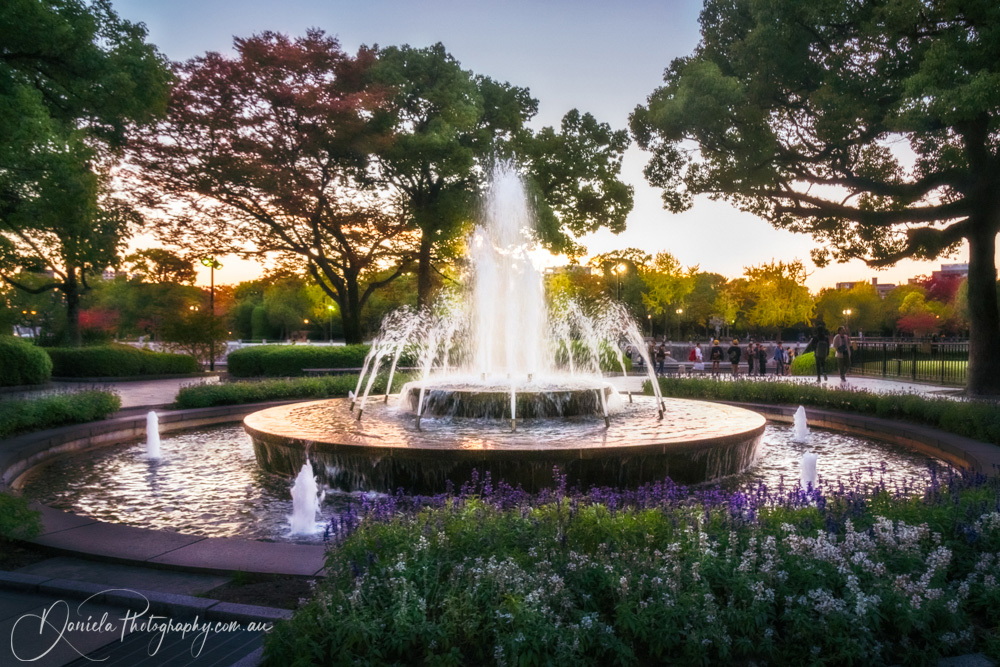 Hiroshima Fountain by the ruins of the Atomic Bomb Dome in autumn at sunset